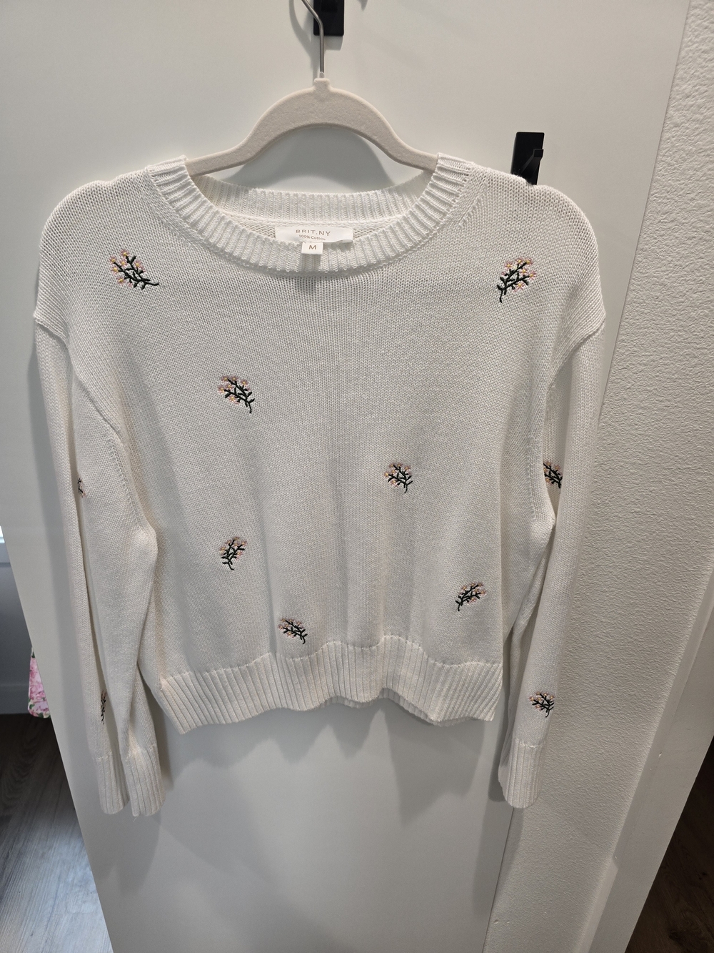 White Crewneck Sweater with Pink Floral Embroidery